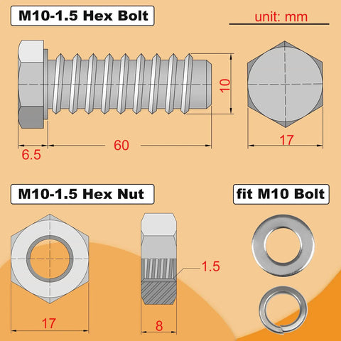 Heavy Duty M10 Hex Bolts And Nuts Set With Flat And Spring Washers For Caster Wheels Assembly Rock Solid No Sweat Hardware Kit diagram with sizes.