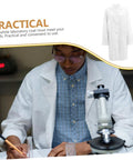 Mens Lab Coat Costume For Adults, Breathable White Doctor Jacket, person writing in lab with microscope