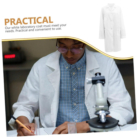 Mens Lab Coat Costume For Adults, Breathable White Doctor Jacket, person writing in lab with microscope