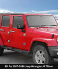 Premium 48Pc Chrome Exterior Trim Decor Kit For Jeep Wrangler JK And JKU Models Covers Handles Hinges Hood Caps Spare Tire Lids Perfect Fitment Stylish Upgrade Made Right Now, red Jeep Wrangler JK 7-door with chrome door trims