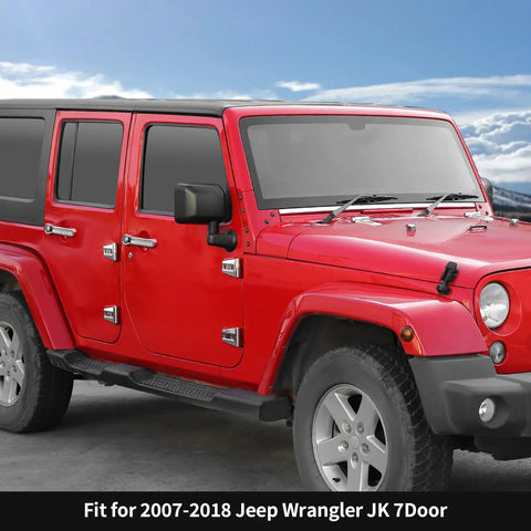 Premium 48Pc Chrome Exterior Trim Decor Kit For Jeep Wrangler JK And JKU Models Covers Handles Hinges Hood Caps Spare Tire Lids Perfect Fitment Stylish Upgrade Made Right Now, red Jeep Wrangler JK 7-door with chrome door trims