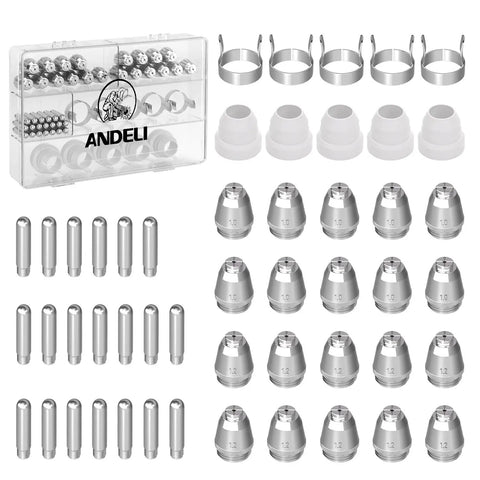 Plasma Cutter Torch Consumables Kit With Ceramic Cups And Nozzles For SG-55 And AG60 Pilot Arc Cutters Includes 5 Wire Guides 5 Shield Cups 10 1.0 Nozzles 10 1.2 Nozzles 20 Electrodes Durable displayed in case