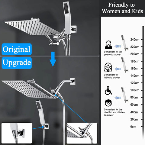 All Metal 10 Inch Rain Shower Head With Handheld Spray Built To Last High Pressure Dual Rainfall Shower Set shown with height adjustment options