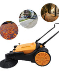 Badass Heavy Duty Walk Behind Push Sweeper With A Wide Forty One Inch Brush And Spacious Dust Bin for leaf cleanup on streets.
