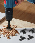 20 Piece Push On Furniture Panel Clips With Dead Easy Hidden Cabinet Mounting And Quick Fit Shelf Brackets In Tough Black Nylon next to drill and wood shavings.