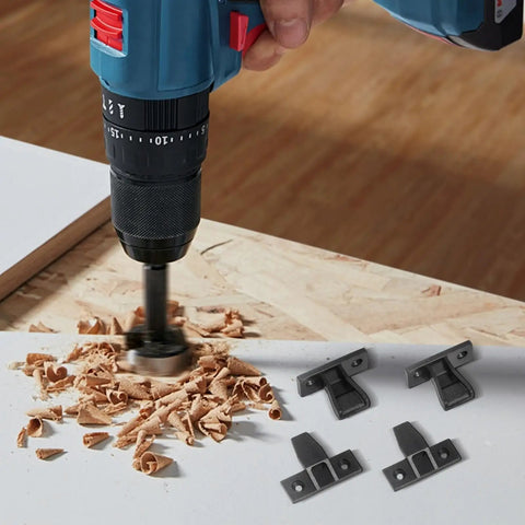 20 Piece Push On Furniture Panel Clips With Dead Easy Hidden Cabinet Mounting And Quick Fit Shelf Brackets In Tough Black Nylon next to drill and wood shavings.