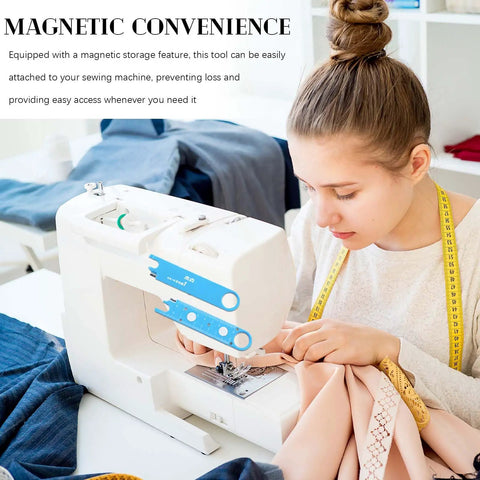 Woman using Easy Threading Sewing Needle Threader With Quick Threading Mechanism Auto Needle Threader on sewing machine