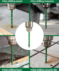 KURSTOL 10-piece serrated masonry drill bit set; center close-up of green carbide bits for wood, masonry, tile and glass.