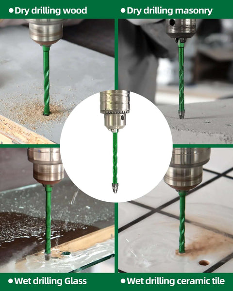 KURSTOL 10-piece serrated masonry drill bit set; center close-up of green carbide bits for wood, masonry, tile and glass.