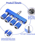 Four Way Air Manifold One Quarter Inch Air Hose Splitter Industrial Quick Connect Fitting With Four Couplers Plug Blue