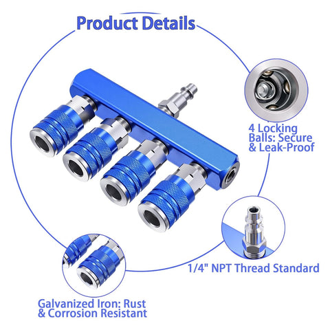 Four Way Air Manifold One Quarter Inch Air Hose Splitter Industrial Quick Connect Fitting With Four Couplers Plug Blue