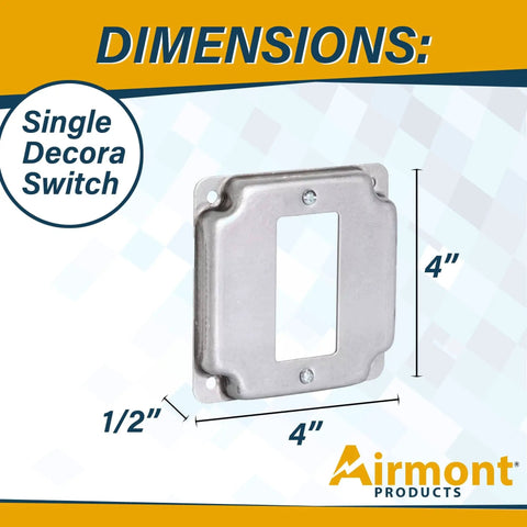 1 Gang Rocker Switch Electrical Box Cover, 4 Inch Square, Half Inch Raised, Galvanized Steel, Surface Mount Junction Box Cover