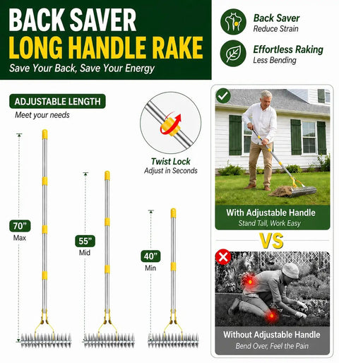 Diagram of Dual Sided 15 Inch Dethatching Rake With Sharp Steel Tines And 70 Inch Adjustable Handle showcasing adjustable length and ergonomic use.
