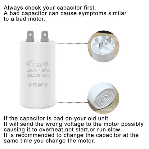 Image of a CBB60 450VAC capacitor, emphasizing its importance for Condenser Fan Motor Replacement for AC Condensers One Tenth Horsepower 1100 RPM 208-230 Volt Five and a Quarter Inch Stud Pattern One Half Inch Shaft CCW Rotation Sleeve Bearings Heavy-Duty Reliable Cooling Solution.