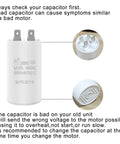 CBB60 capacitor for HVAC systems with 450VAC rating and instructions for replacement with Condenser Fan Motor Replacement For HVAC One Tenth Horsepower 1100 RPM 208 To 230 Volt CCW Rotation Half Inch Shaft Five And A Quarter Inch Stud Pattern Five And Five Eighths Inch Body Diameter Three And Three Quarter Inch Case Length Sleeve Bearing.