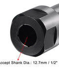 Beefy Heavy Duty Router Collet Extension Rod Converter One Half Inch To One Half shank adapter showing 1/2 inch diameter opening.