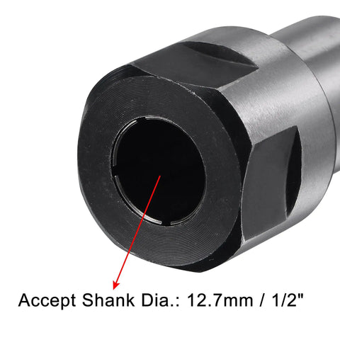 Beefy Heavy Duty Router Collet Extension Rod Converter One Half Inch To One Half shank adapter showing 1/2 inch diameter opening.