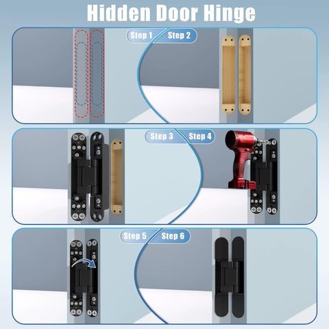 Installation steps for Hidden Door Hinge Set For Secret Bookcase Doors, Silent Rotating Concealed Hinges, 6 Inch, Side Mount