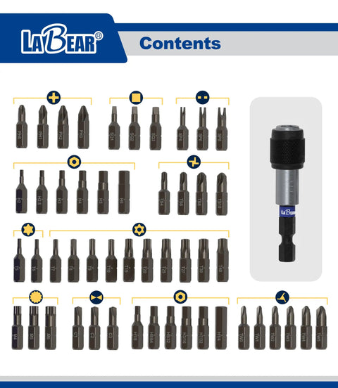 Heavy Duty 51 Piece Specialty Driver Bit Set With Rock Solid S2 Steel Construction featuring various bit types and magnetic holder.