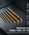 Six Piece M35 Cobalt Drill Bit Set Featuring 135 Degree Split Point And Fully Ground High Speed Steel Heavy Duty Metal Bits For Stainless Steel Cast Iron Wood Aluminum That Tackle Tough Jobs Without Breaking A Sweat arranged on dark background.
