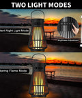 Lit LED Flame Tiki Torch Bluetooth Speaker Set showing two light modes with brightness adjustment, IP65 outdoor lantern.