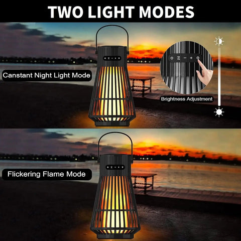 Lit LED Flame Tiki Torch Bluetooth Speaker Set showing two light modes with brightness adjustment, IP65 outdoor lantern.