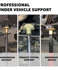 Heavy Duty 1.5 Ton Underhoist Support Stand With Patent Twist Lock Handle For Auto Repair, shown in use for transmission, exhaust, and underbody support.
