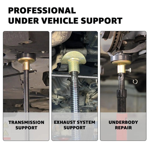 Heavy Duty 1.5 Ton Underhoist Support Stand With Patent Twist Lock Handle For Auto Repair, shown in use for transmission, exhaust, and underbody support.
