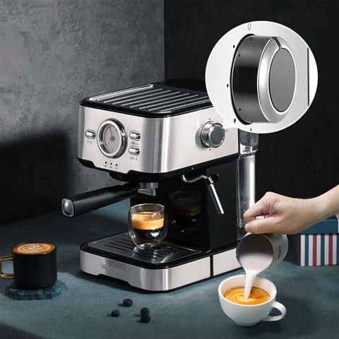Semi Automatic Espresso Maker With Built In Grinder And Milk Frother featuring a sleek design with milk frothing in progress.