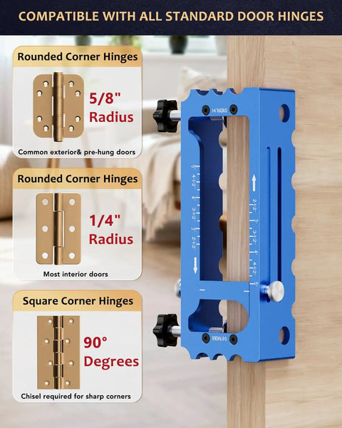 Adjustable Door Hinge Jig For Router, Heavy-Duty Aluminum Alloy Mortise Template with 1/4' and 5/8' radius markings for precision cuts.
