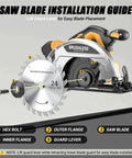 Saw Blade Installation Guide for 7 Inch Cordless Circular Saw Tool Only Compatible With 20V Batteries with labeled parts.