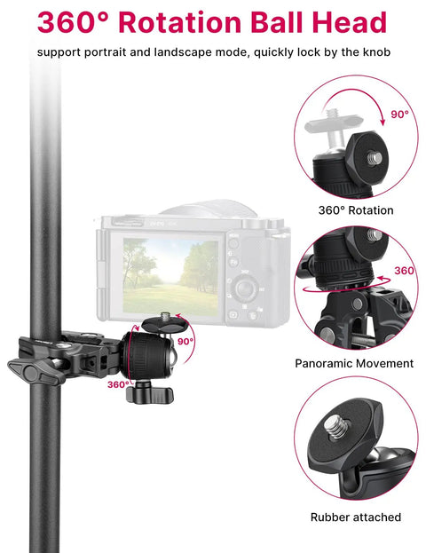 Beefy Clamp Mount With 360 Degree Ball Head showing 360° rotation and panoramic movement on bike handlebar or pole mount.
