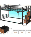Rock Solid Low Twin Over Twin Bunk Bed With Game Changing Built In Storage Stairs Featuring Heavy Duty Steel Frame And Full Wrap Around Safety Rails In Sleek Matte Black Kids Room Setup dimensions and features.