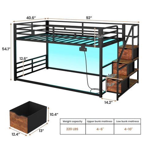 Rock Solid Low Twin Over Twin Bunk Bed With Game Changing Built In Storage Stairs Featuring Heavy Duty Steel Frame And Full Wrap Around Safety Rails In Sleek Matte Black Kids Room Setup dimensions and features.