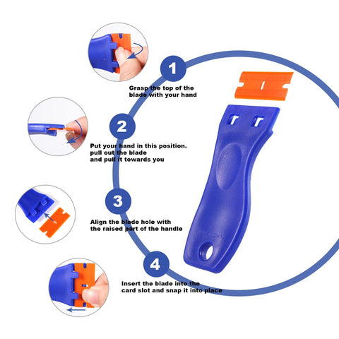 Instructions showing how to use the 4 Piece Plastic Razor Blade Scraper Set With 120 Replacement Blades For Glass, Windows, Cars, And Auto Detailing.