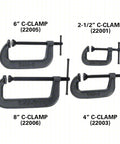 540A Series Carriage C Clamp Kit with ductile iron frames and black oxide coated ACME spindles, set of four clamps in varying sizes.