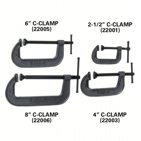 540A Series Carriage C Clamp Kit with ductile iron frames and black oxide coated ACME spindles, set of four clamps in varying sizes.