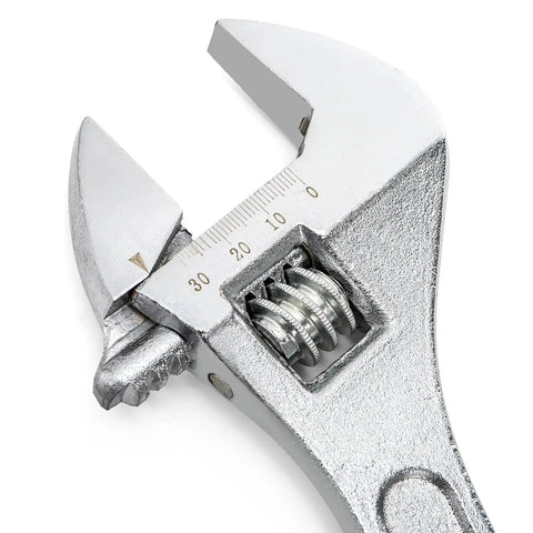 Close-up of Four Piece Adjustable Crescent Wrench Set With 6 8 10 12 Inch Wrenches Made From CRV Steel, Heat Treated And Chrome Plated