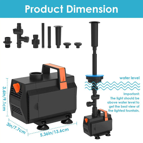 Submersible Pond Fountain Pump 600GPH With Remote LED Lights 3 Spray Patterns dimensions and parts
