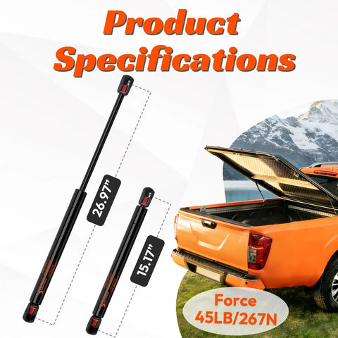 Product specifications of Heavy Duty 27 Inch Gas Struts 45 Lbs For Truck Tonneau Cover with dimensions of 26.97 and 15.17 inches.