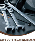 Set of open-end wrenches on a metal surface with text 'Heavy Duty Floating Bracket' below.
