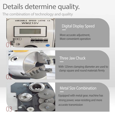 Jaryannix 900W Mini Bench Lathe 8x16 Inch Metal Woodworking Lathe With Variable Speed Control Up To 2500 RPM Digital Display for precision control.