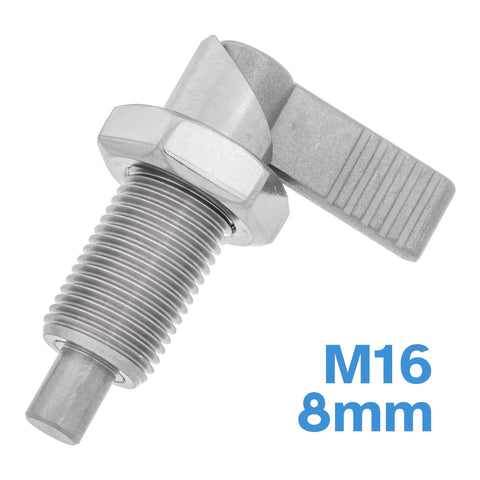 Built Like A Tank Stainless Steel Indexing Plunger With M16 X 1.5 Thread Retractable Lever Locking Bolt featuring 8mm pin and grit stop.