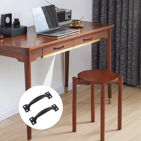 Four Bow Shaped Metal Pulls Gate Handles For Garage Doors Wardrobes Cupboards Fences And Barn Doors Cabinet Hardware With Included Screws For Easy Install, highlighting black handles on wooden desk drawers