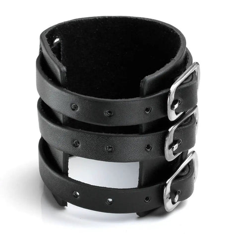Fresh Hip Hop Drip Wide PU Leather Cuffs For Men Adjustable Punk Rock Gothic Wrists Band Pair in black with buckles.