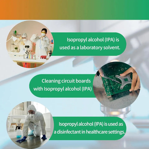 Isopropyl alcohol (IPA) used in labs, for cleaning circuits, and as a disinfectant, highlighting various industrial and healthcare settings.