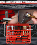 Close-up of Thread Chaser Set 48 Piece Heavy Duty Pro Grade Thread Repair Tool Kit for UNC UNF and Metric Threads in use.