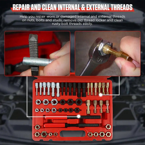 Close-up of Thread Chaser Set 48 Piece Heavy Duty Pro Grade Thread Repair Tool Kit for UNC UNF and Metric Threads in use.