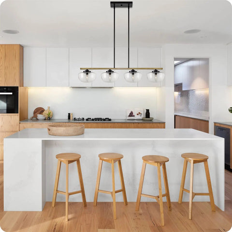 Grove 38 Inch 4 Light Dope Modern Farmhouse Kitchen Island Light With Schoolhouse Glass Shades In Smoked Birch Finish Over Island