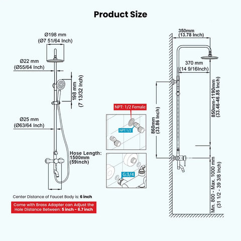 Diagram showing dimensions of Stainless Steel Shower Faucet Set Wall Mounted With All In One Triple Function System 8 Inch Rainfall Shower Head Handheld Spray Brushed Nickel Finish No Fuss Anti Oxidation And Scratch.